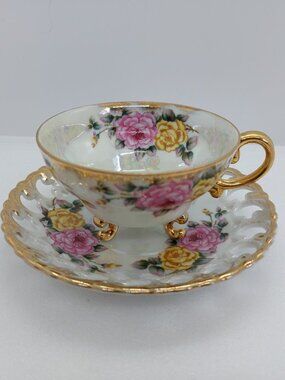 Vintage Shafford Footed Tea Cup And Saucer Lusterware Pink & Yellow Roses Japan